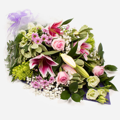 Funeral Flowers SYM-336 - Funeral Flowers in Cellophane Pink, Green & White. A beautiful and classic arrangement to send for a funeral.