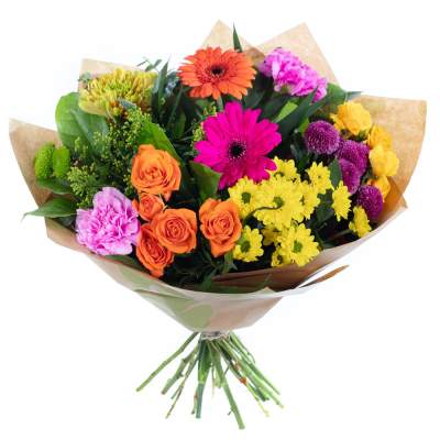 Rainbow Radiance   - Joyful, bright, and bursting with personality — Rainbow Radiance is a celebration of colour and energy. With its lively mix of bold blooms and fresh greenery, this hand-tied design adds instant happiness and a playful touch to any space.