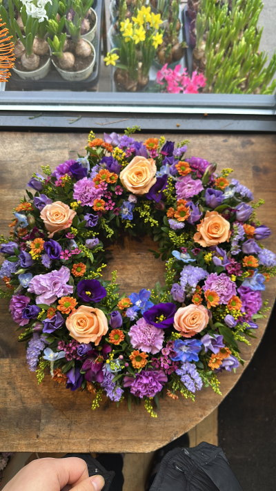 Lilac wreath - Funeral wreath 14 inches with peach lilac and yellow blue